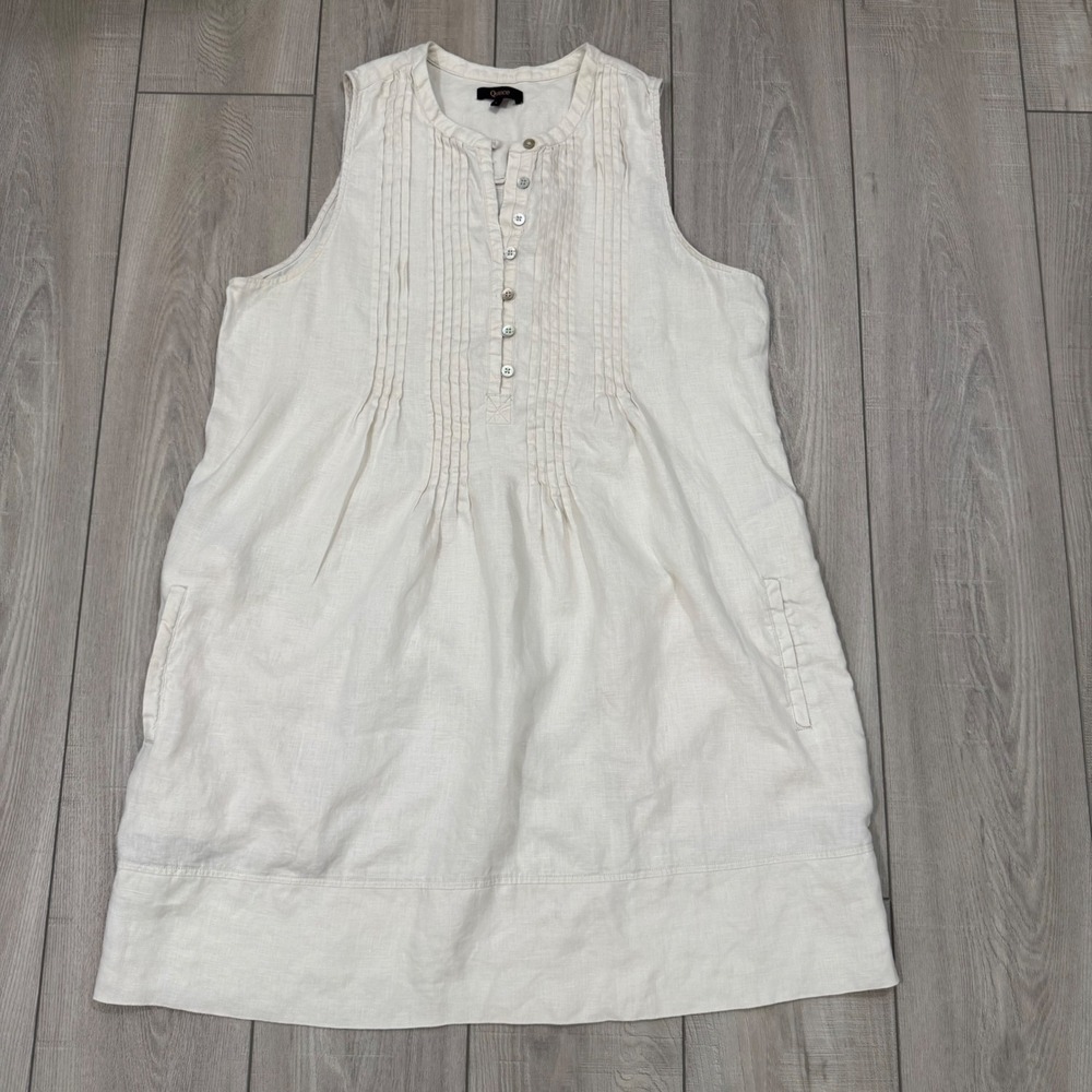 Quince Linen Dress Womens Large Ivory Pintuck Button Front Sleeveless Pockets